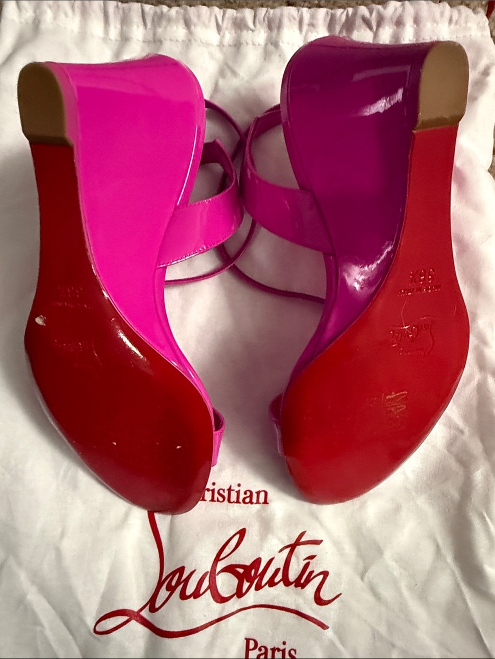 Christian Louboutin Fuchsia Patent Strappy Wedge Sandals with Red Soles